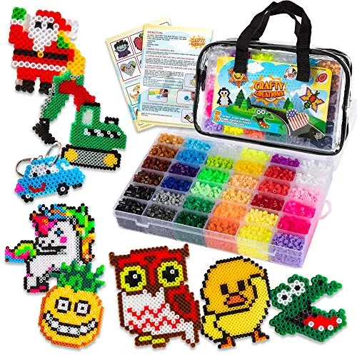 10,500pcs Fuse Beads Craft Kit - Perler Beads Compatible Kit, 34 Colors, 6 Pegboards, 34  Patterns, Tweezers, Plus Tools, Keychains, Accessories & More with Free Carrying Case by CraftyCreations