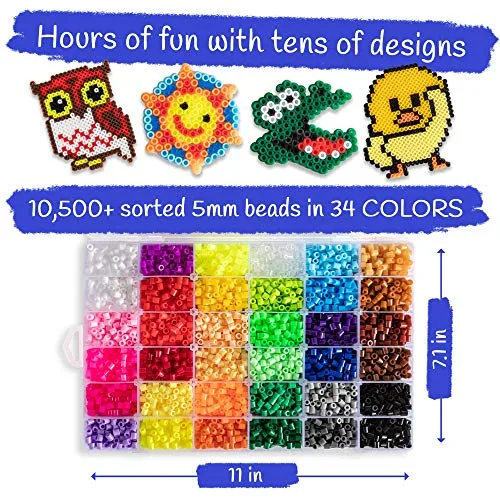 10,500pcs Fuse Beads Craft Kit - Perler Beads Compatible Kit, 34 Colors, 6 Pegboards, 34  Patterns, Tweezers, Plus Tools, Keychains, Accessories & More with Free Carrying Case by CraftyCreations