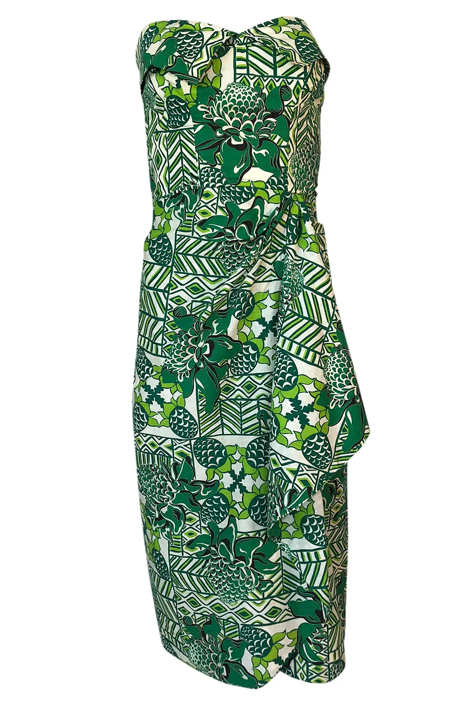 1950s Unlabeled Cotton Hawaiian Green Floral & Pineapple Print Dress