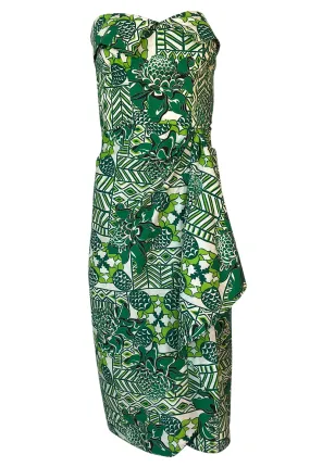 1950s Unlabeled Cotton Hawaiian Green Floral & Pineapple Print Dress