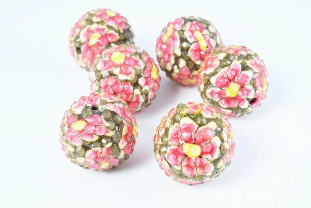 22mm Hot Pink Floral Print Resin Wooden Round Beads, Wooden beads, Wholesale Bead, Basketball Wives Bead,Rhinestone Beads,Resin beads