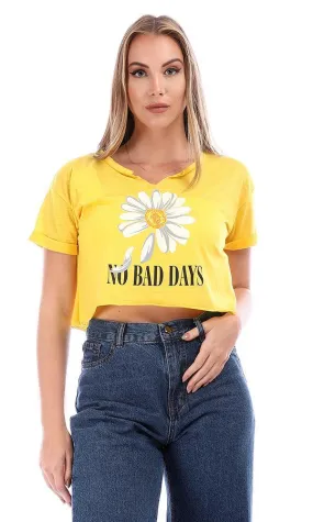 94856 "No Bad Days" Cropped Half Sleeves Printed T-Shirt - Yellow