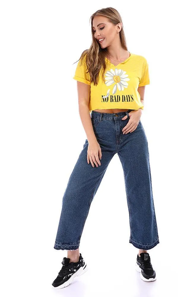 94856 "No Bad Days" Cropped Half Sleeves Printed T-Shirt - Yellow