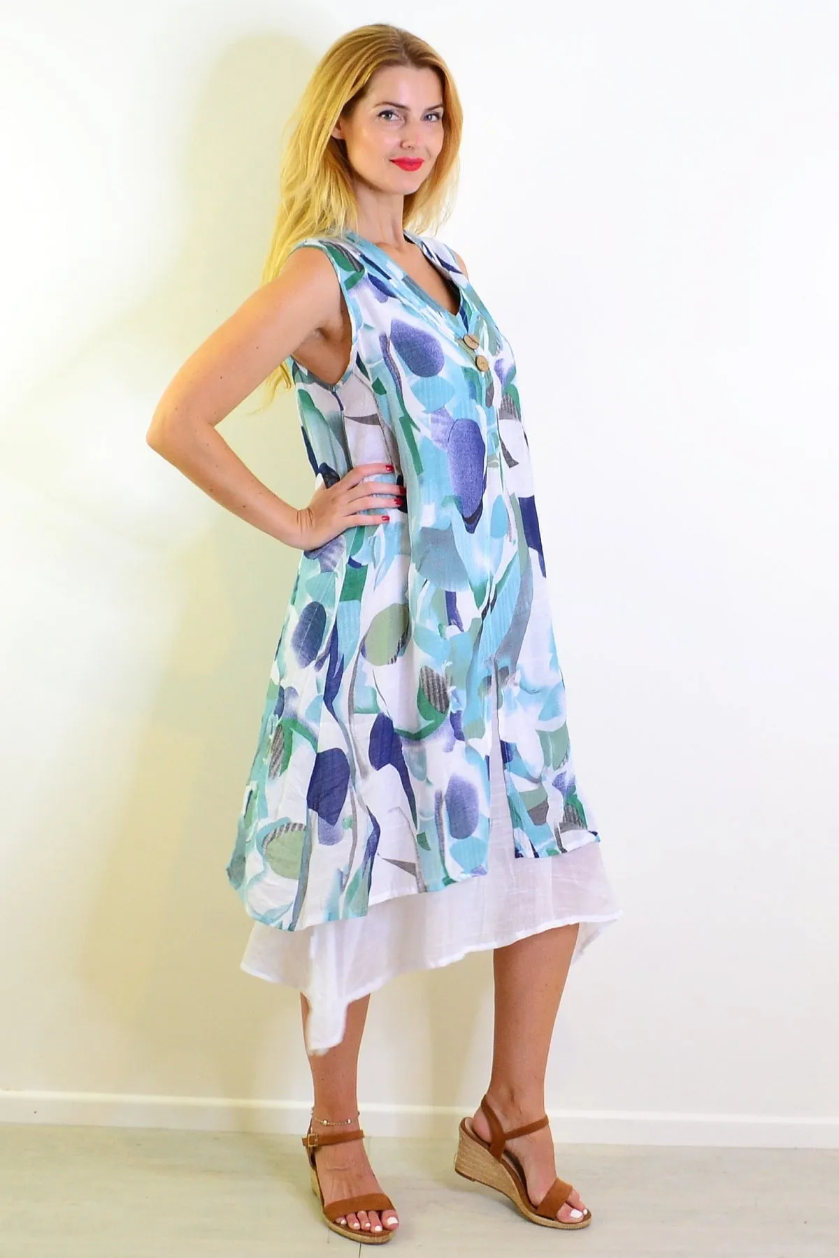 Abstract Aqua Tones Sleeveless Tunic Dress