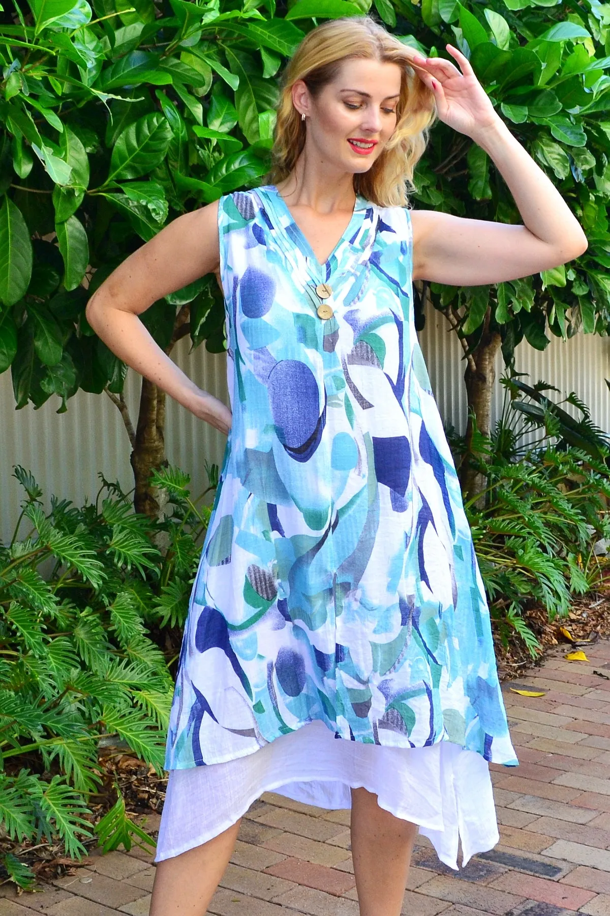 Abstract Aqua Tones Sleeveless Tunic Dress