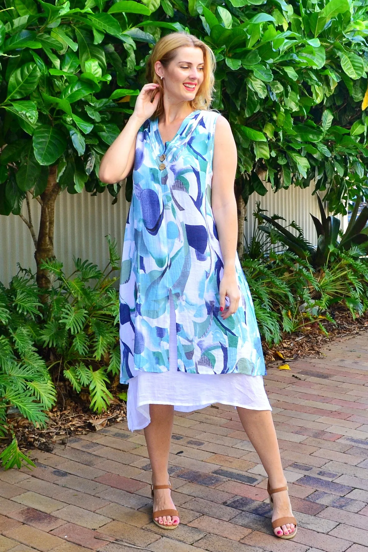 Abstract Aqua Tones Sleeveless Tunic Dress