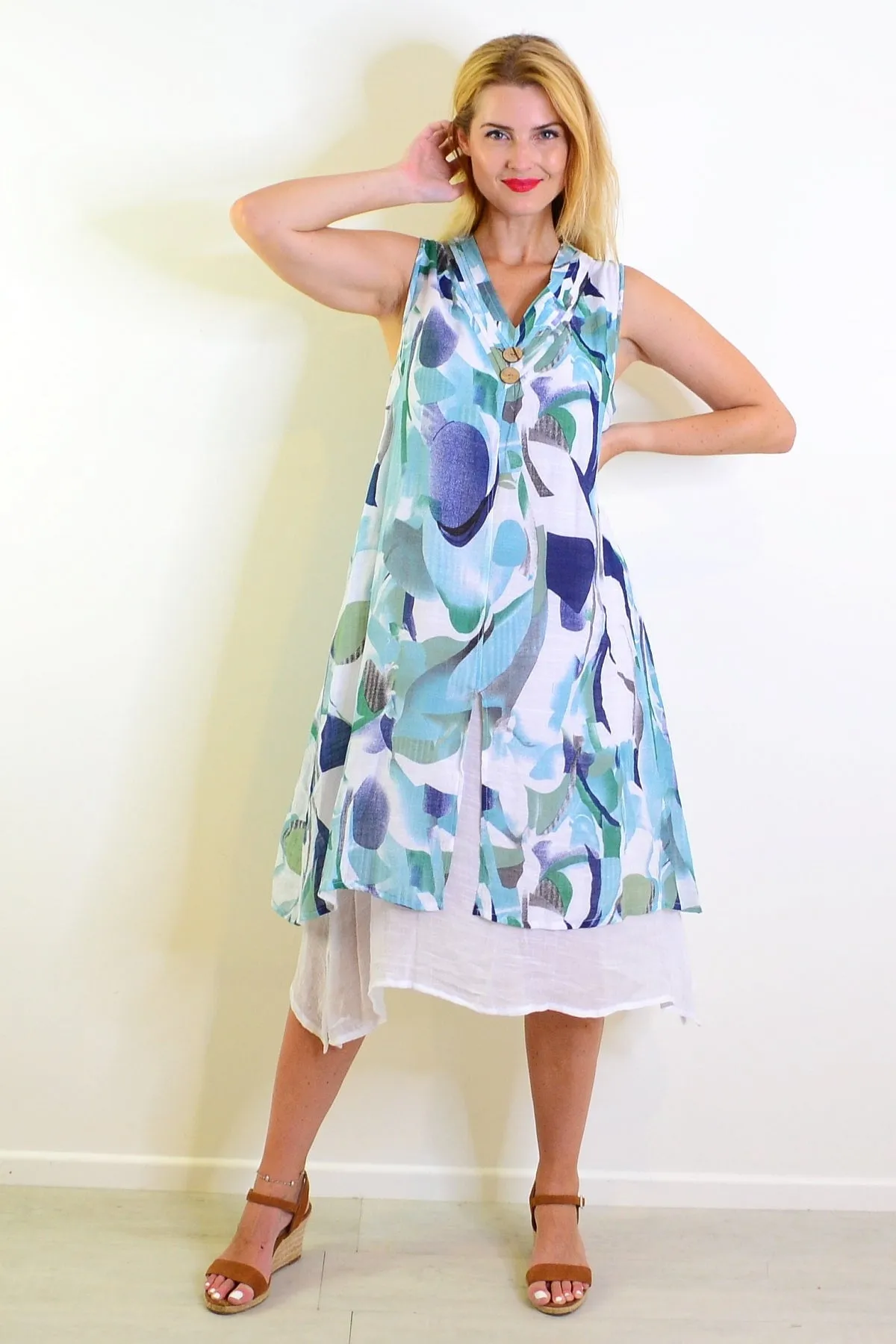 Abstract Aqua Tones Sleeveless Tunic Dress