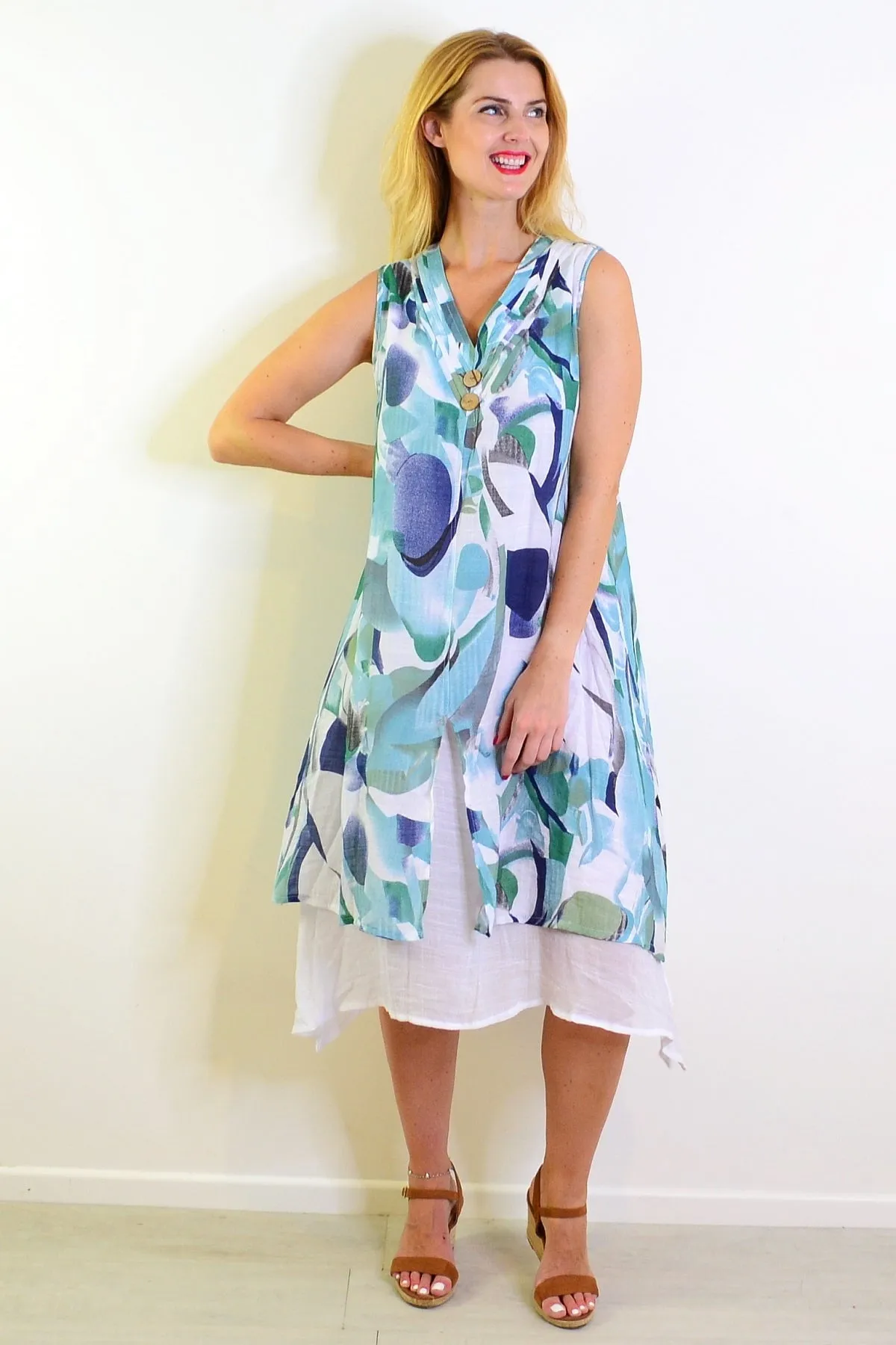 Abstract Aqua Tones Sleeveless Tunic Dress