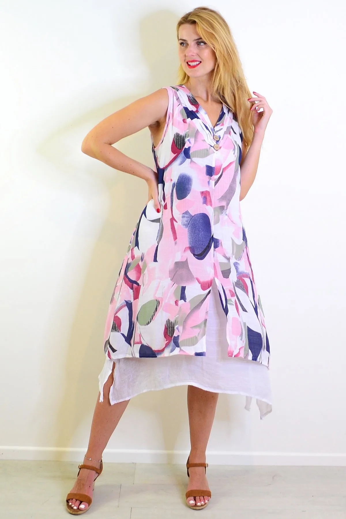 Abstract Pink Tones Sleeveless Tunic Dress