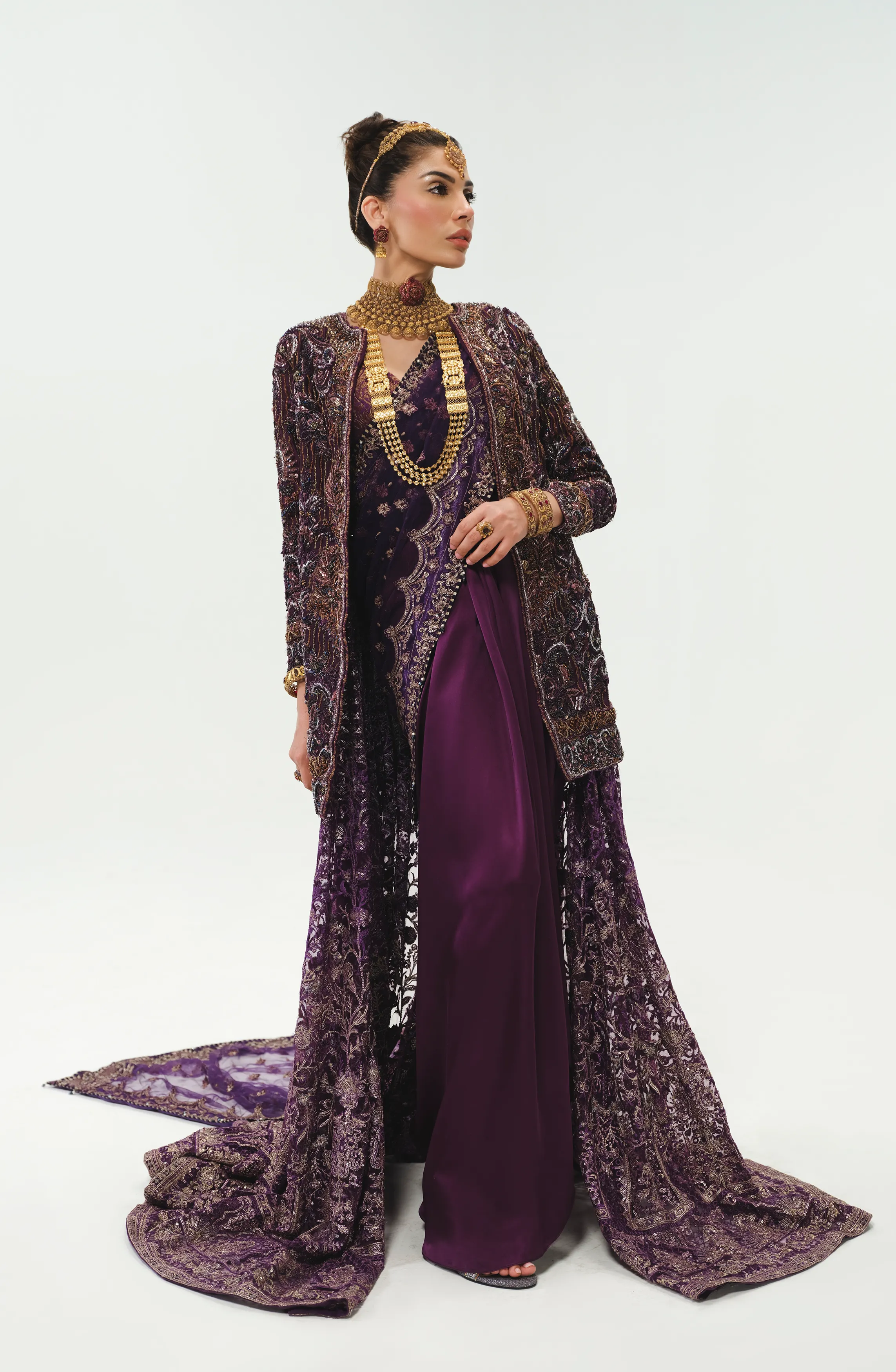 Alluring Aubergine Purple Ensemble with Multilayered Silhouette