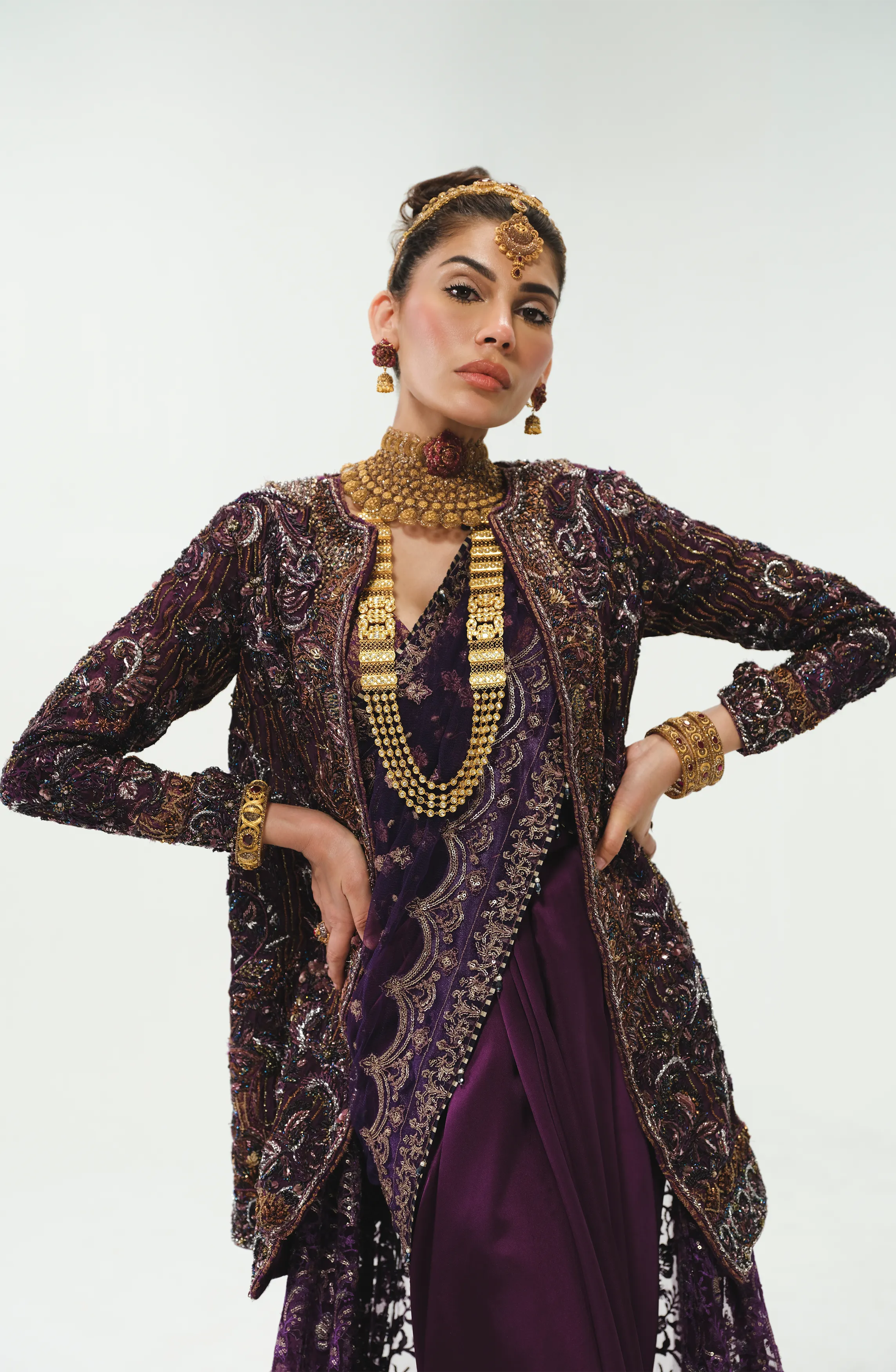 Alluring Aubergine Purple Ensemble with Multilayered Silhouette