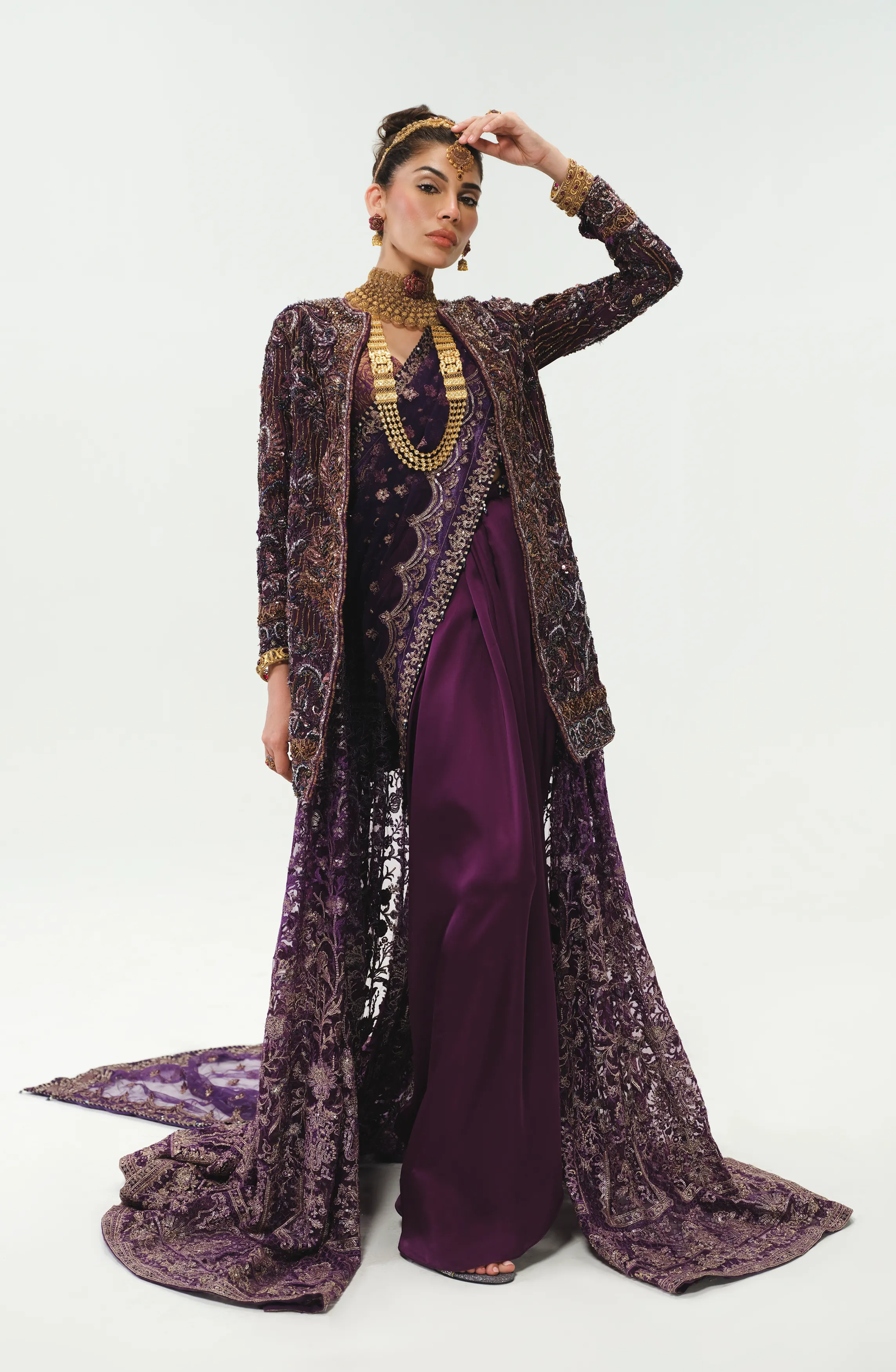 Alluring Aubergine Purple Ensemble with Multilayered Silhouette