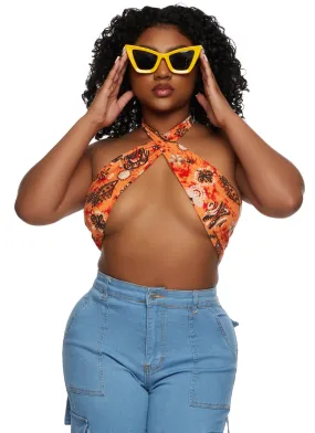 Almost Famous Printed Twist Front Halter Crop Top