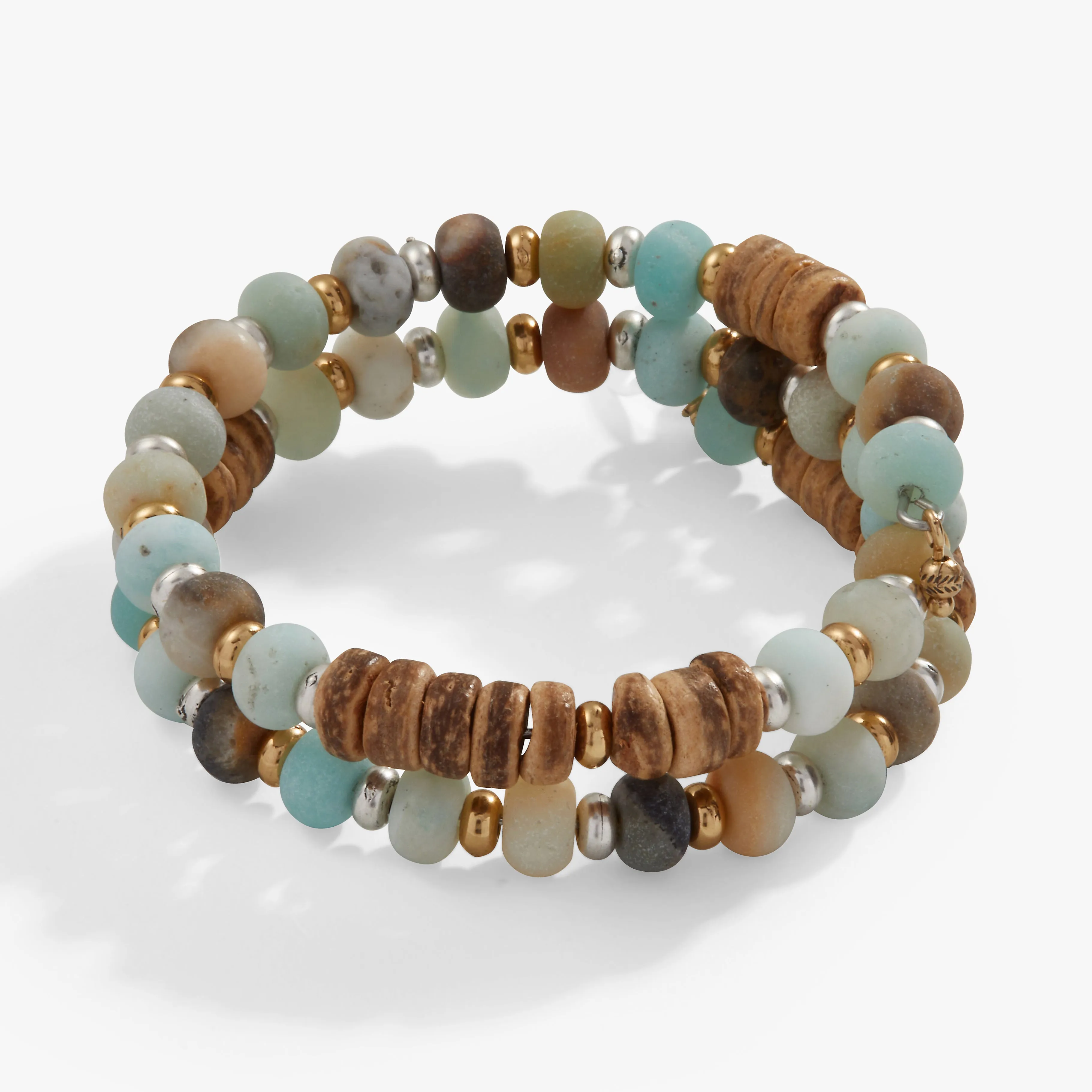 Amazonite   Wood Beaded Wrap Bracelet