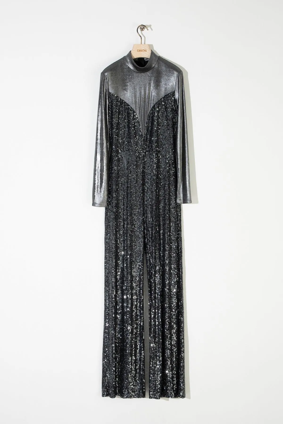 Anthracite Sequined Garnish Long Sleeve Jumpsuit