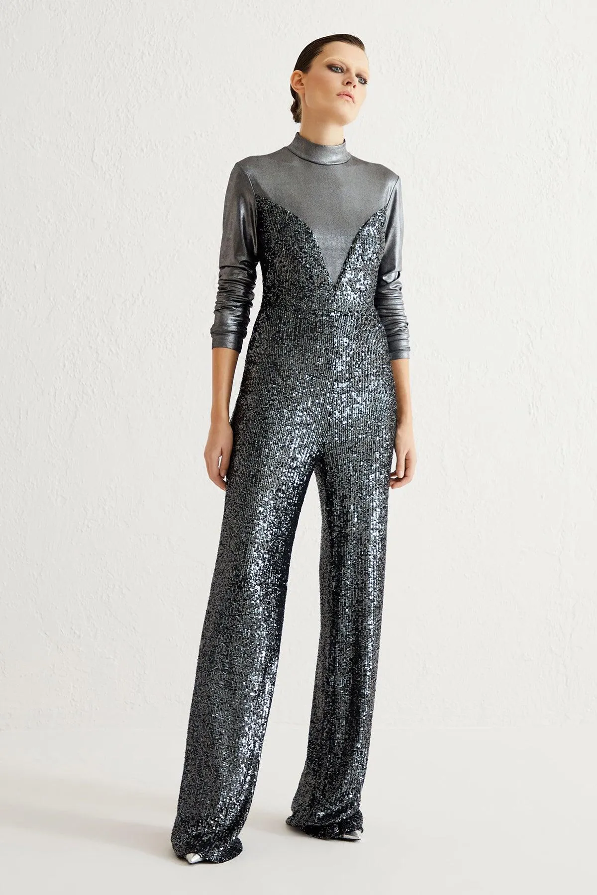 Anthracite Sequined Garnish Long Sleeve Jumpsuit