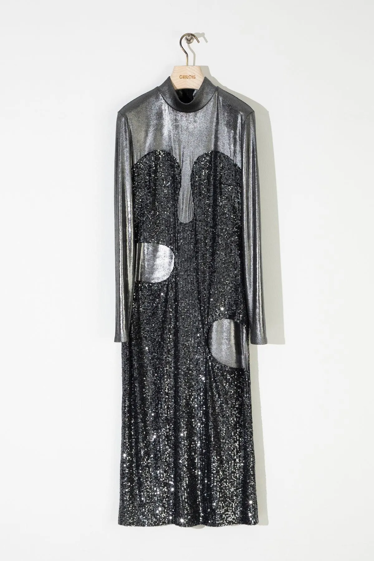 Anthracite Shiny Garnished Fabric Mid Length Dress