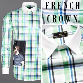 Asparagus Green with White Checkered Printed Super Soft Premium Cotton Designer Shirt