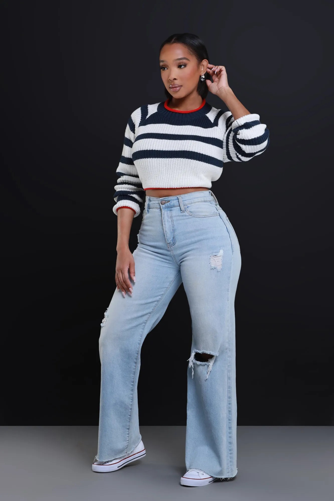 Back To Me Open Back Cropped Sweater - Navy/White