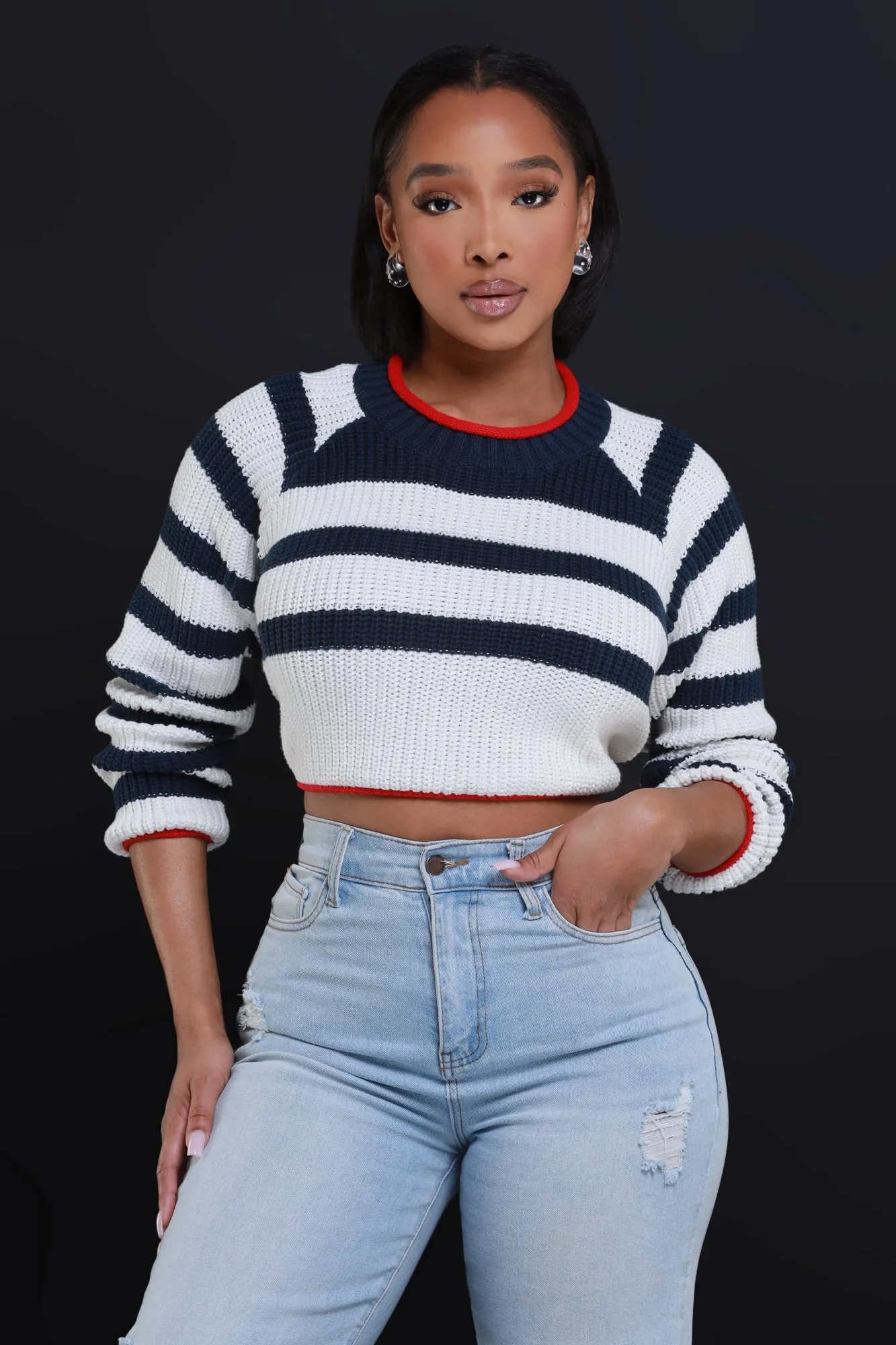 Back To Me Open Back Cropped Sweater - Navy/White