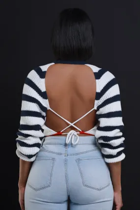 Back To Me Open Back Cropped Sweater - Navy/White