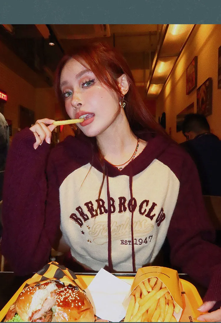 BEERBROCLUB Letter Embroidery Long Sleeve Cropped Sweater Hoodie