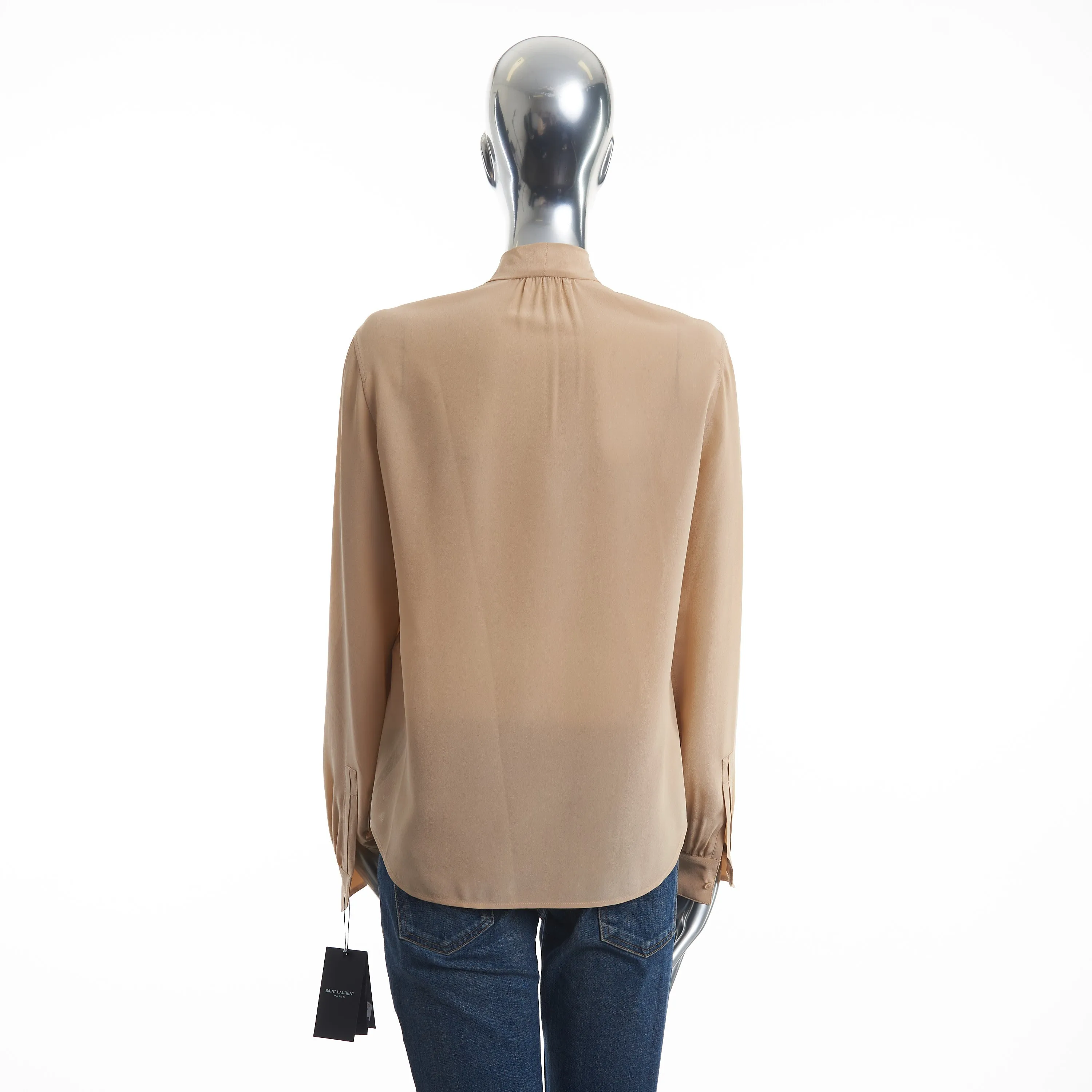 Beige Tie-neck Button Down Silk Blouse