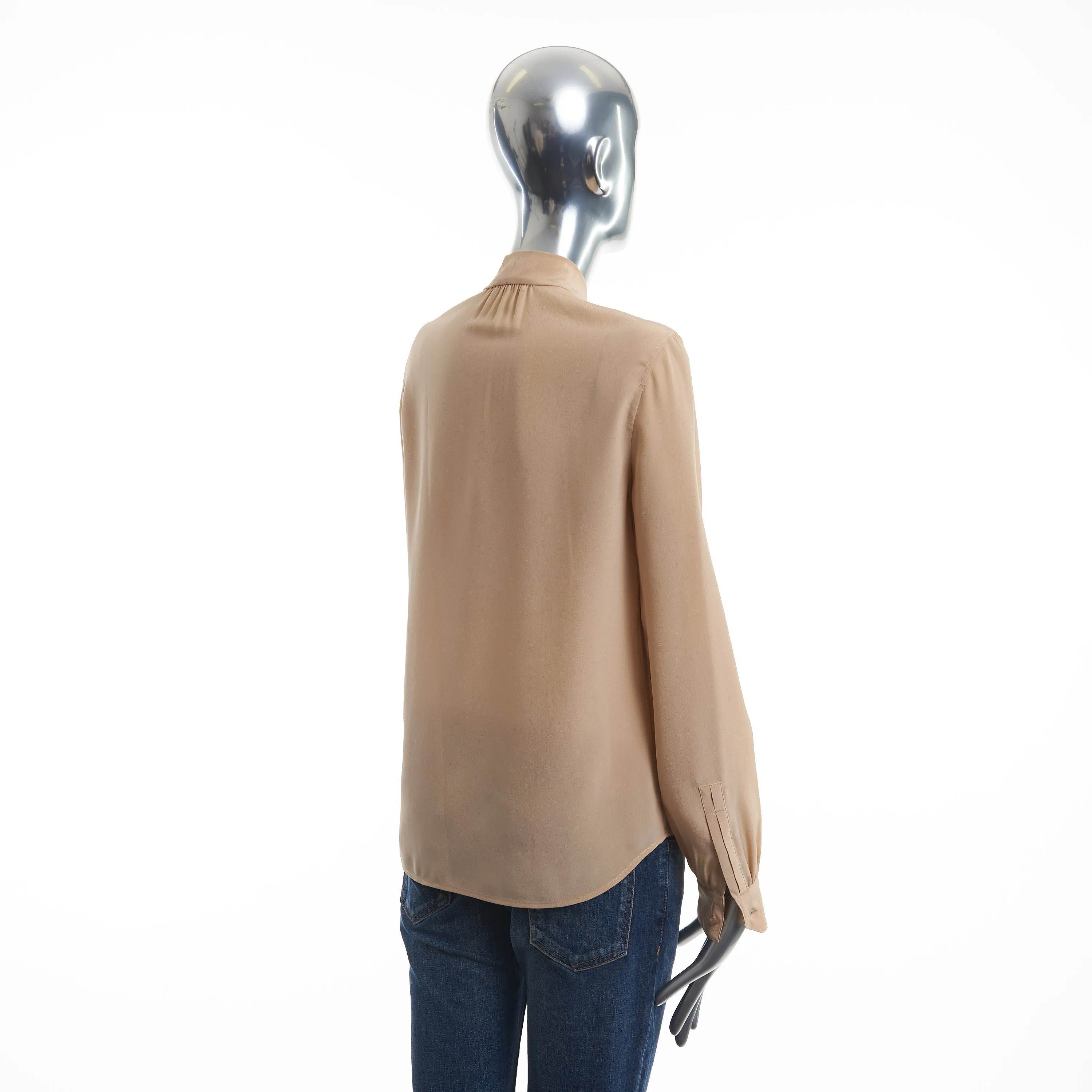 Beige Tie-neck Button Down Silk Blouse