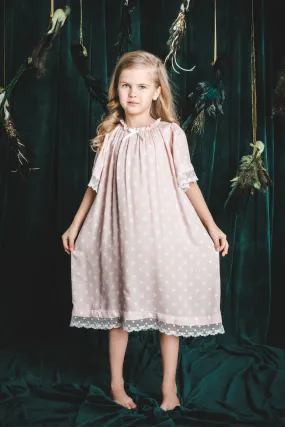 BELLA - GIRLS' PINK NIGHTDRESS WITH WHITE DOTS