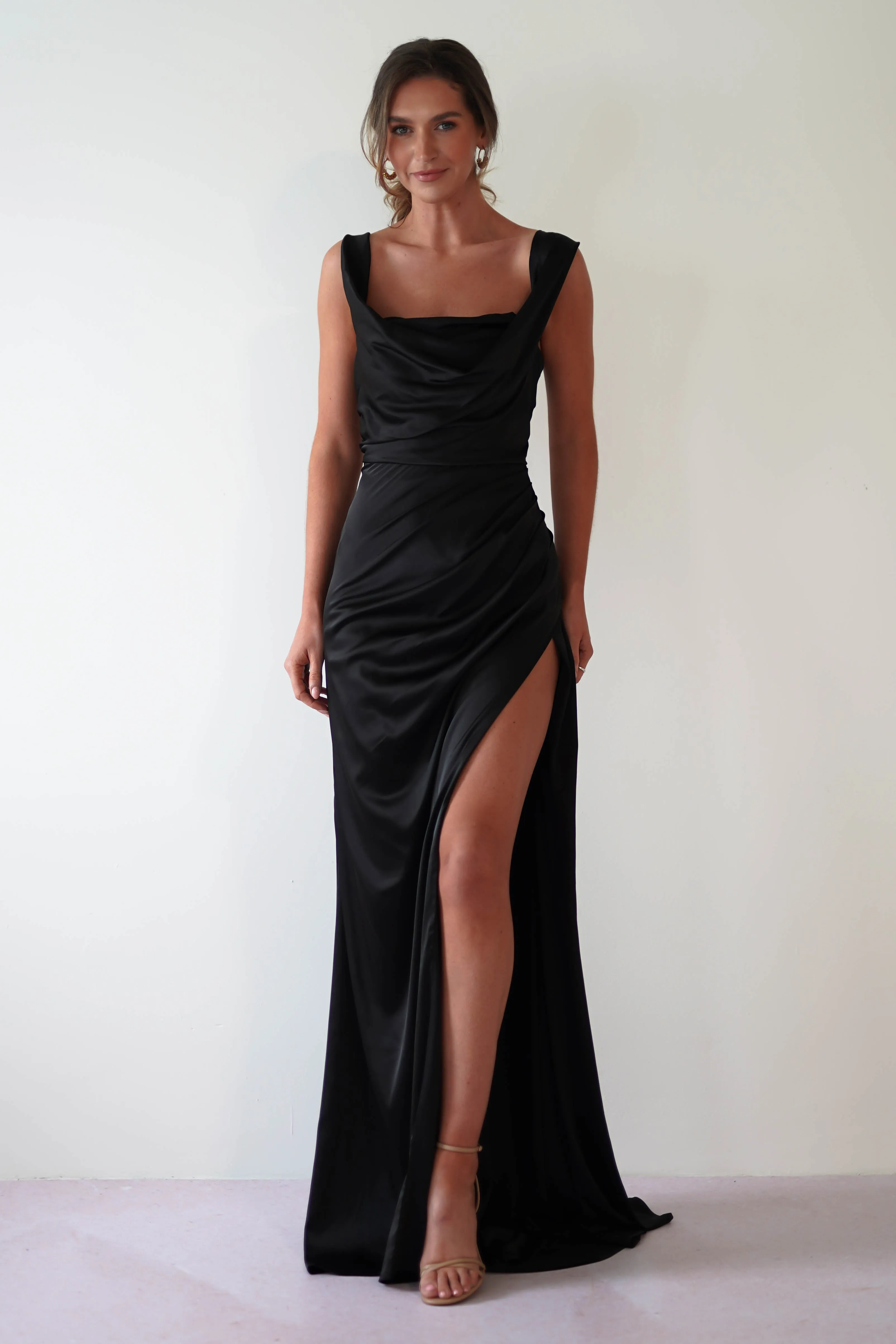 Beth Draped Silky Satin Gown | Black