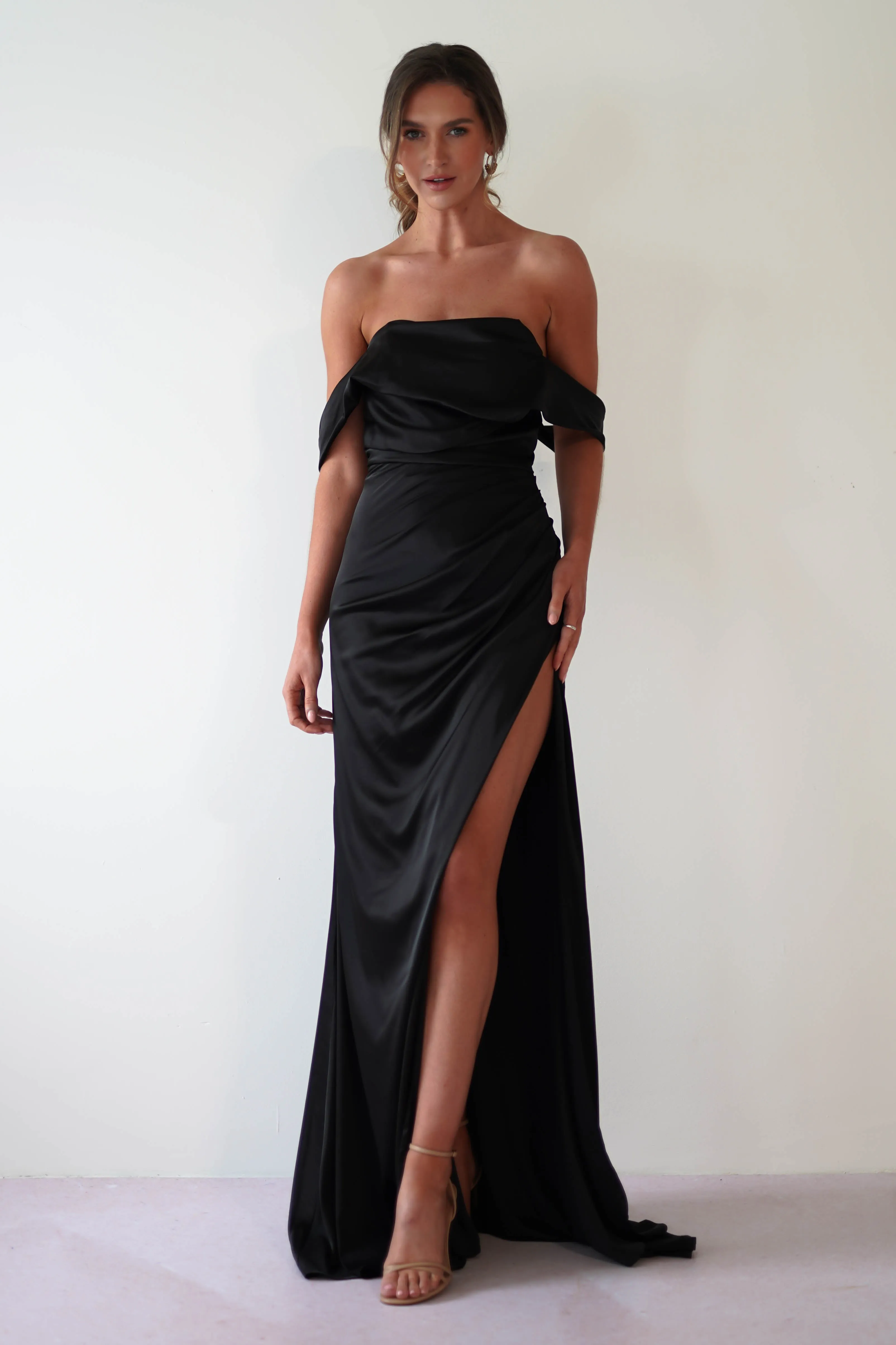 Beth Draped Silky Satin Gown | Black