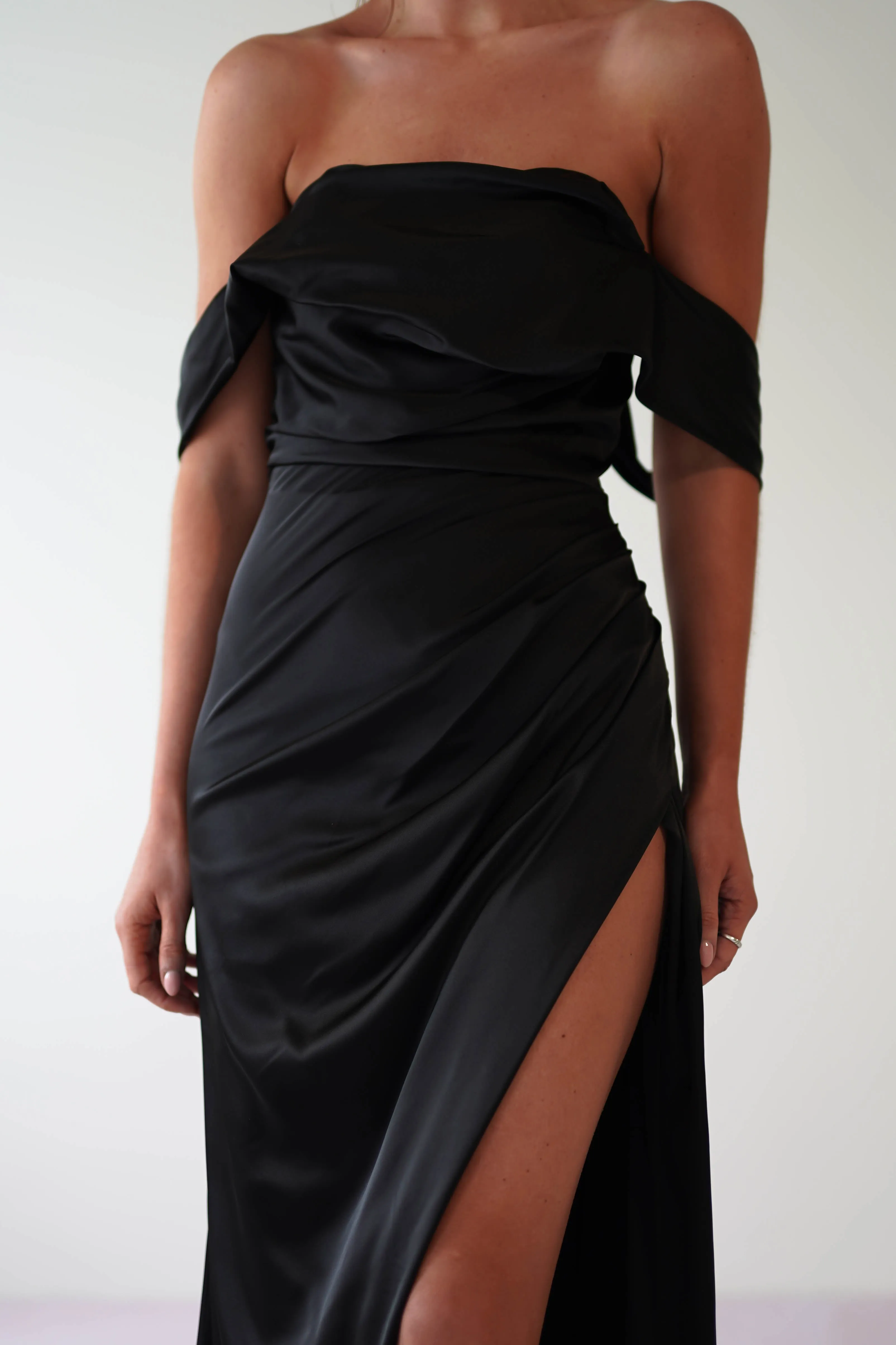 Beth Draped Silky Satin Gown | Black