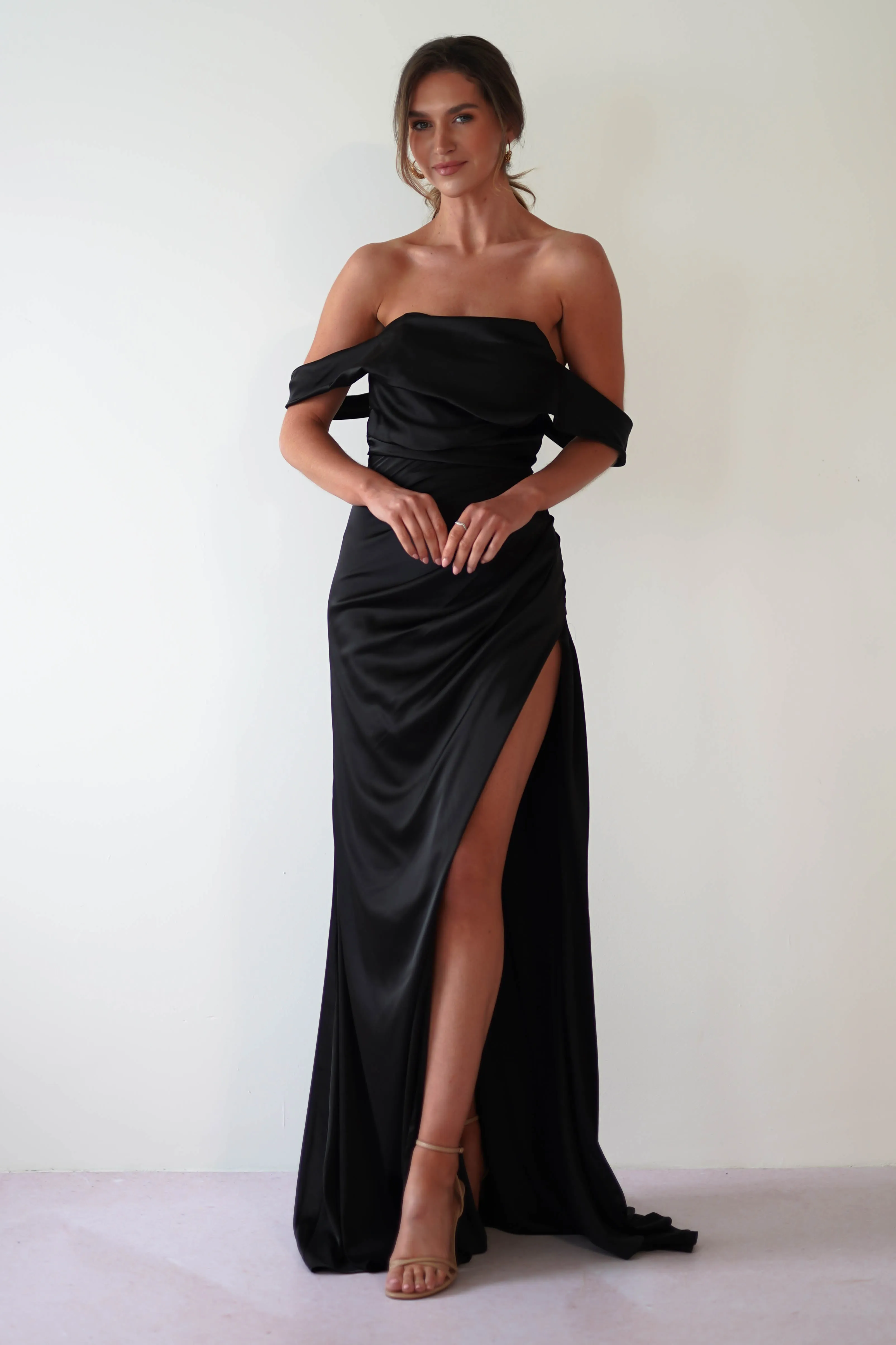 Beth Draped Silky Satin Gown | Black