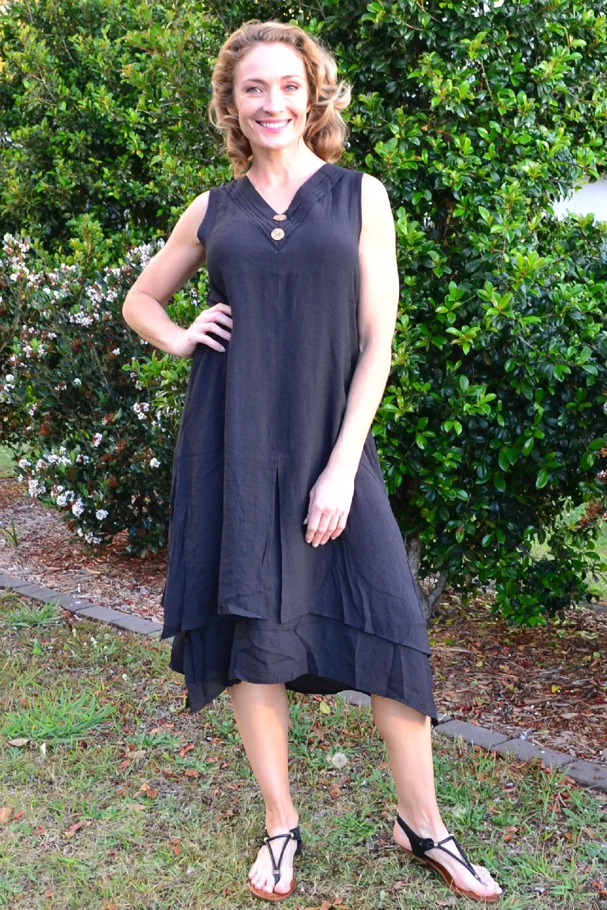 Black Sleeveless Coconut Button Tunic Dress