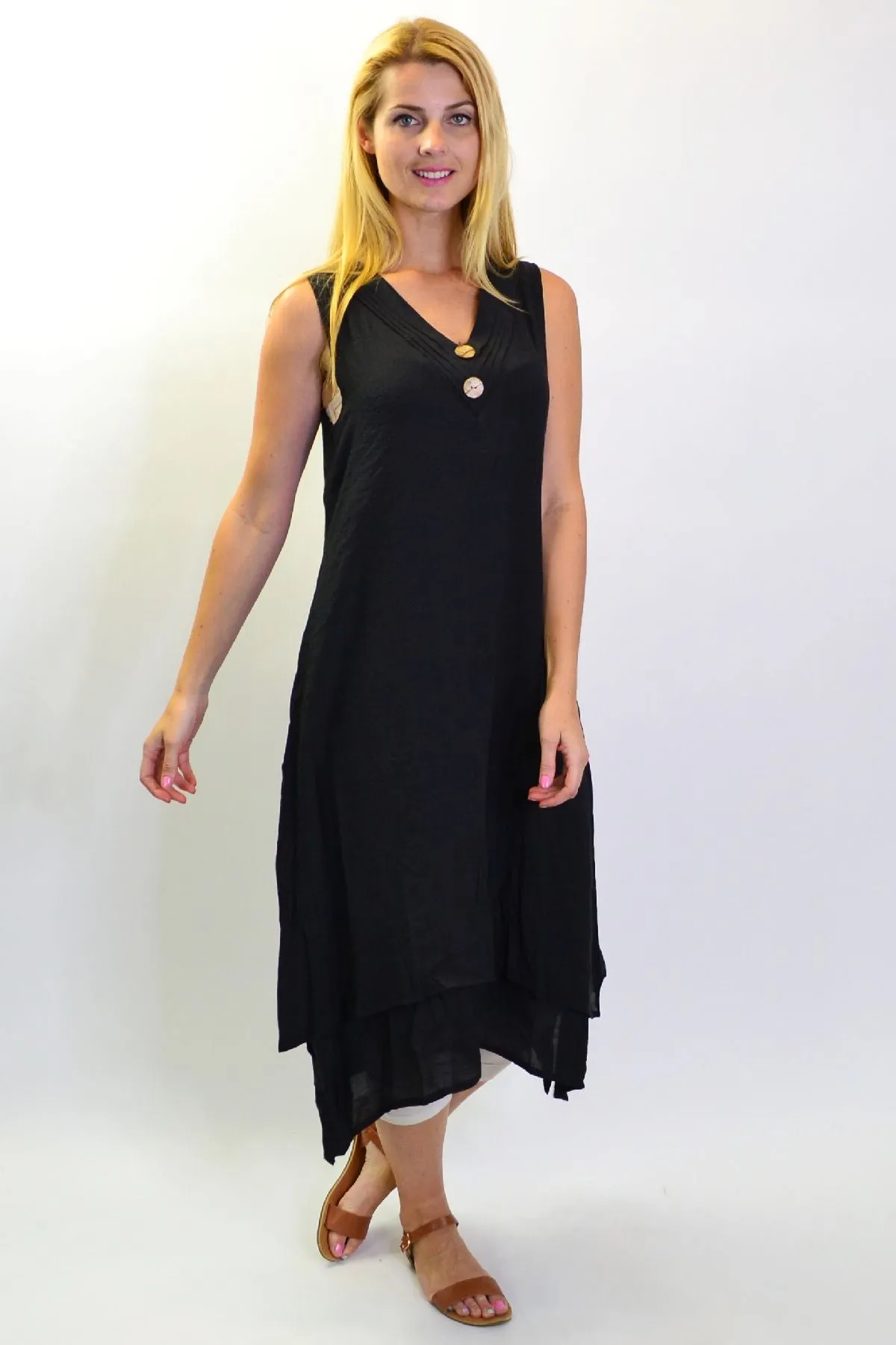 Black Sleeveless Coconut Button Tunic Dress