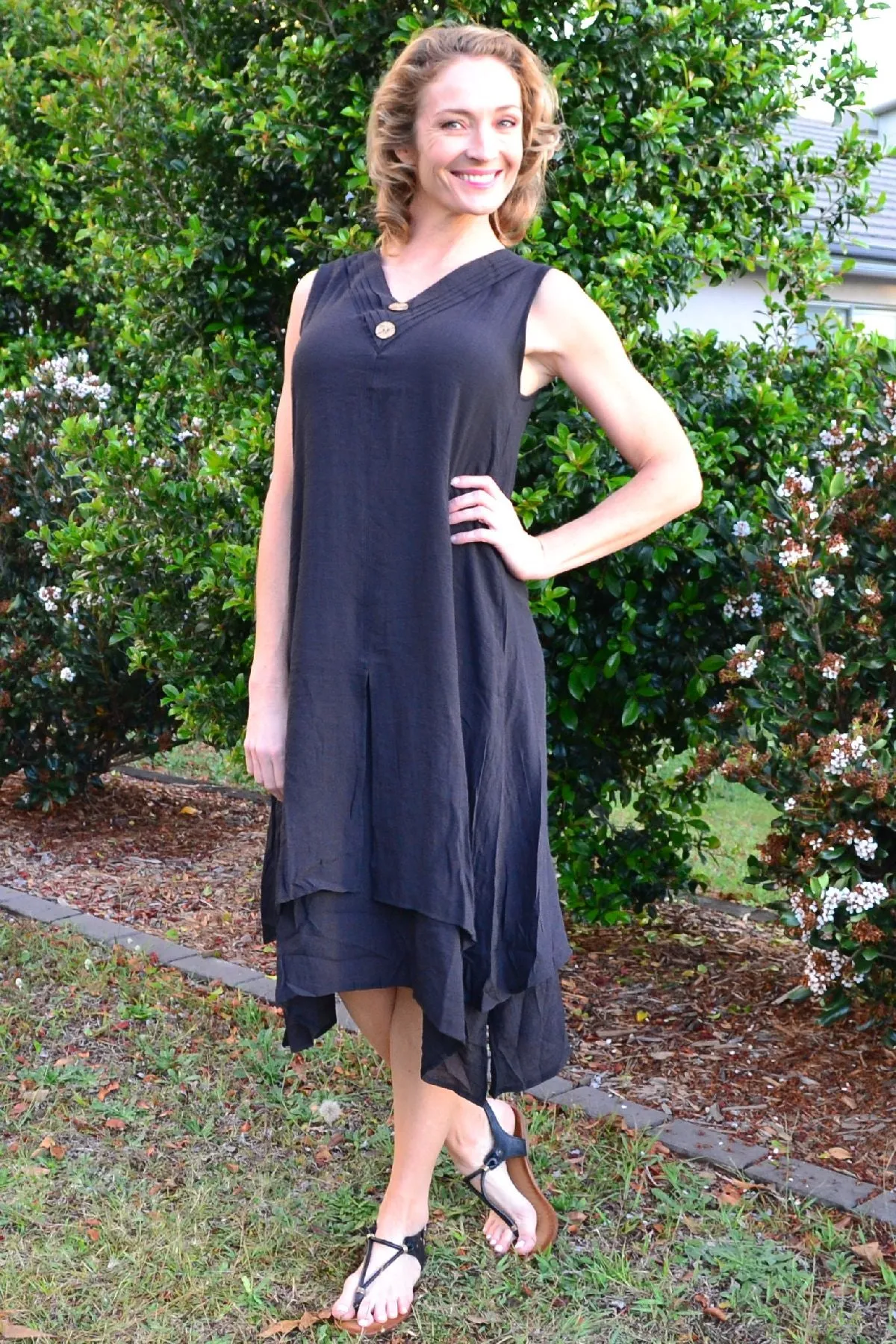 Black Sleeveless Coconut Button Tunic Dress