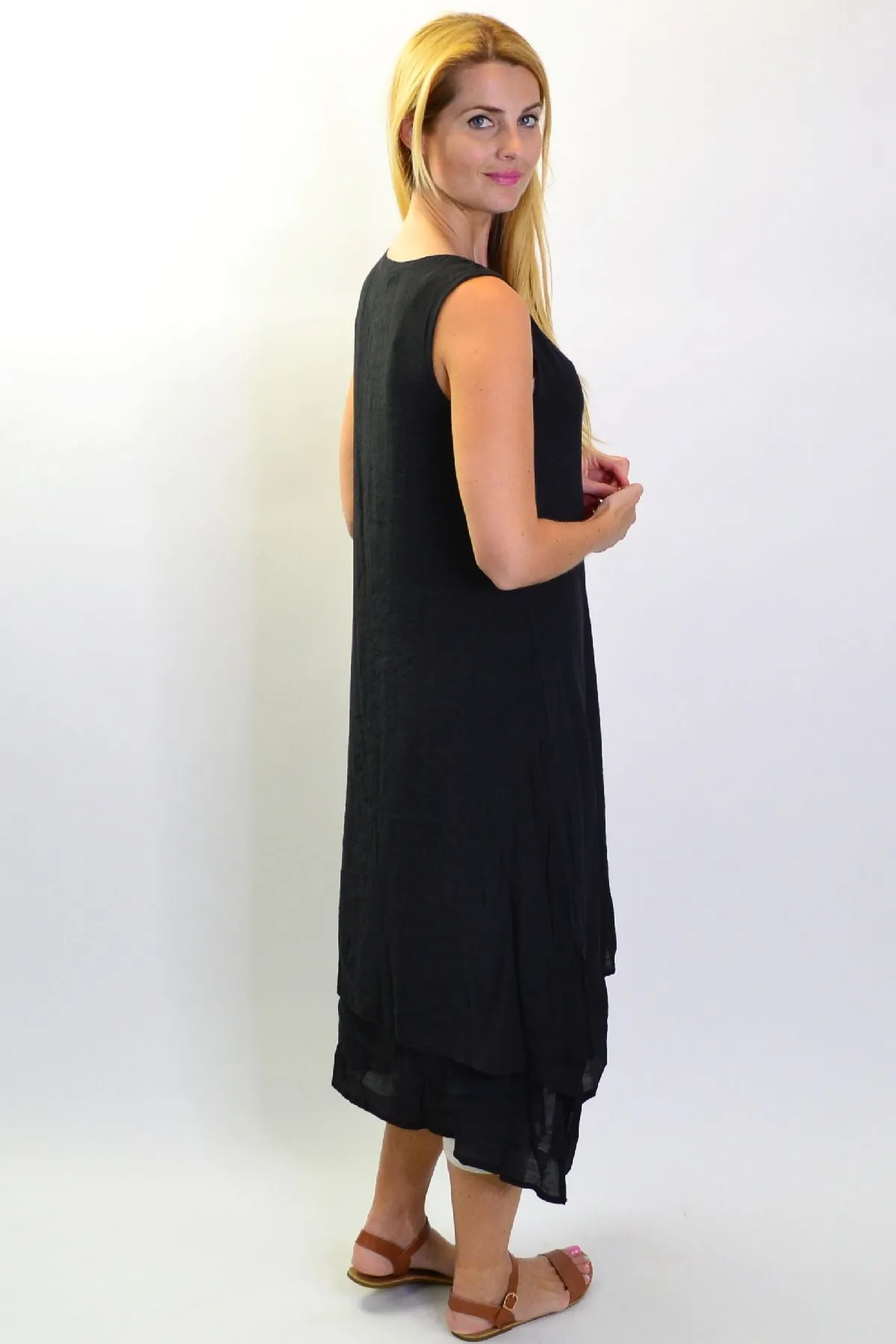 Black Sleeveless Coconut Button Tunic Dress