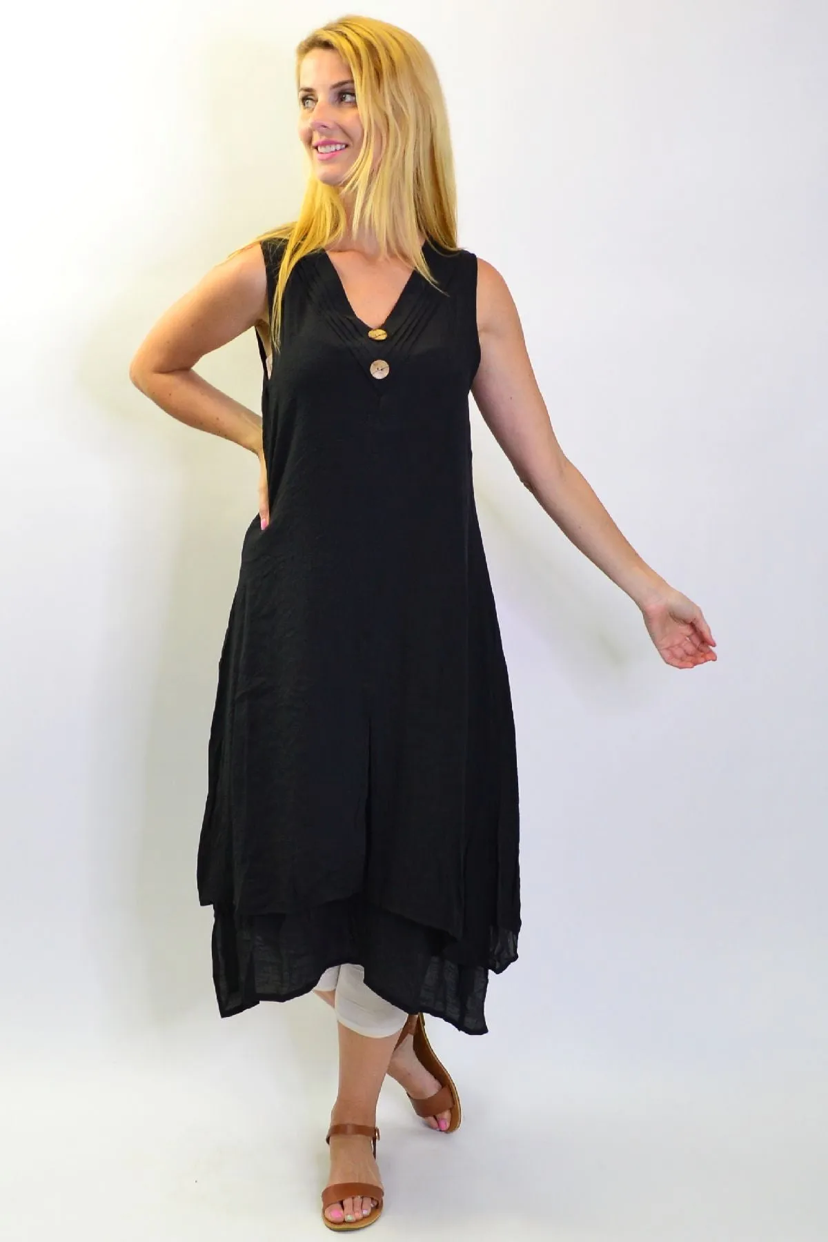 Black Sleeveless Coconut Button Tunic Dress