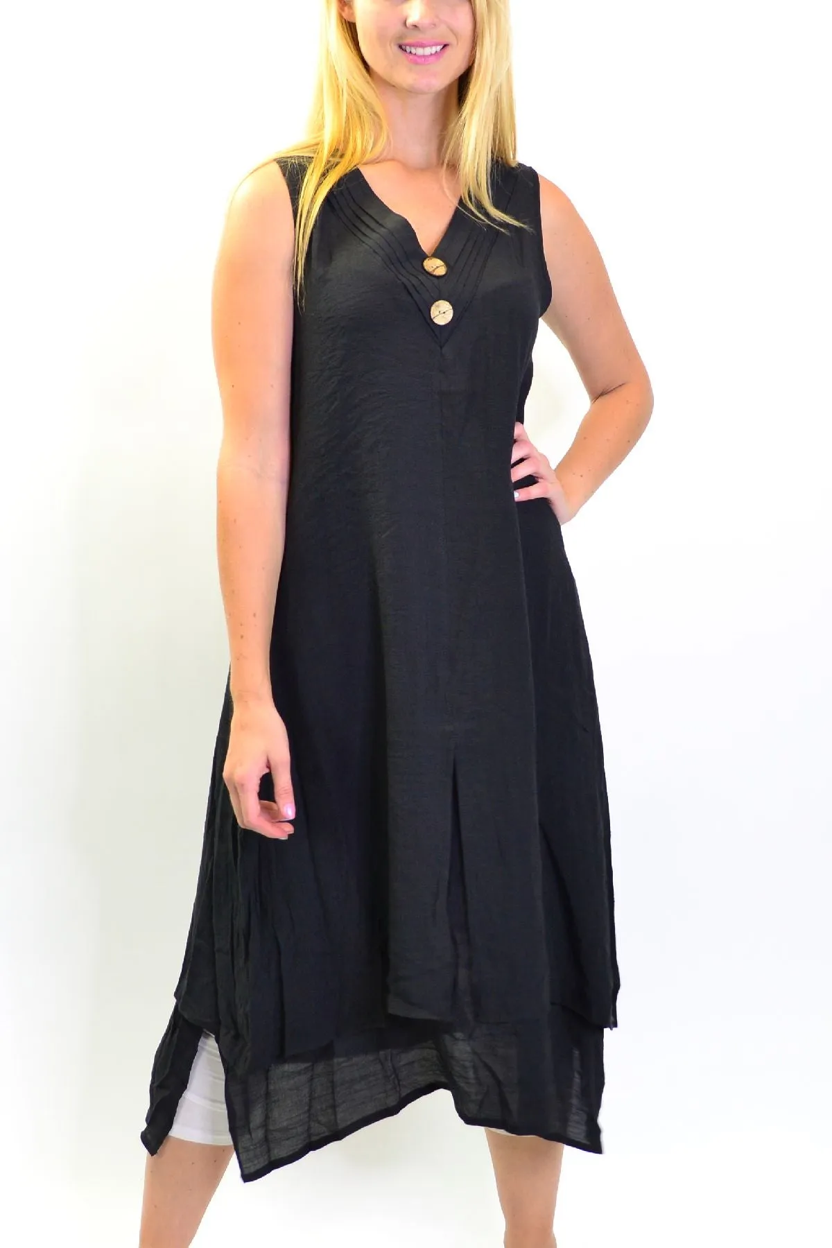 Black Sleeveless Coconut Button Tunic Dress