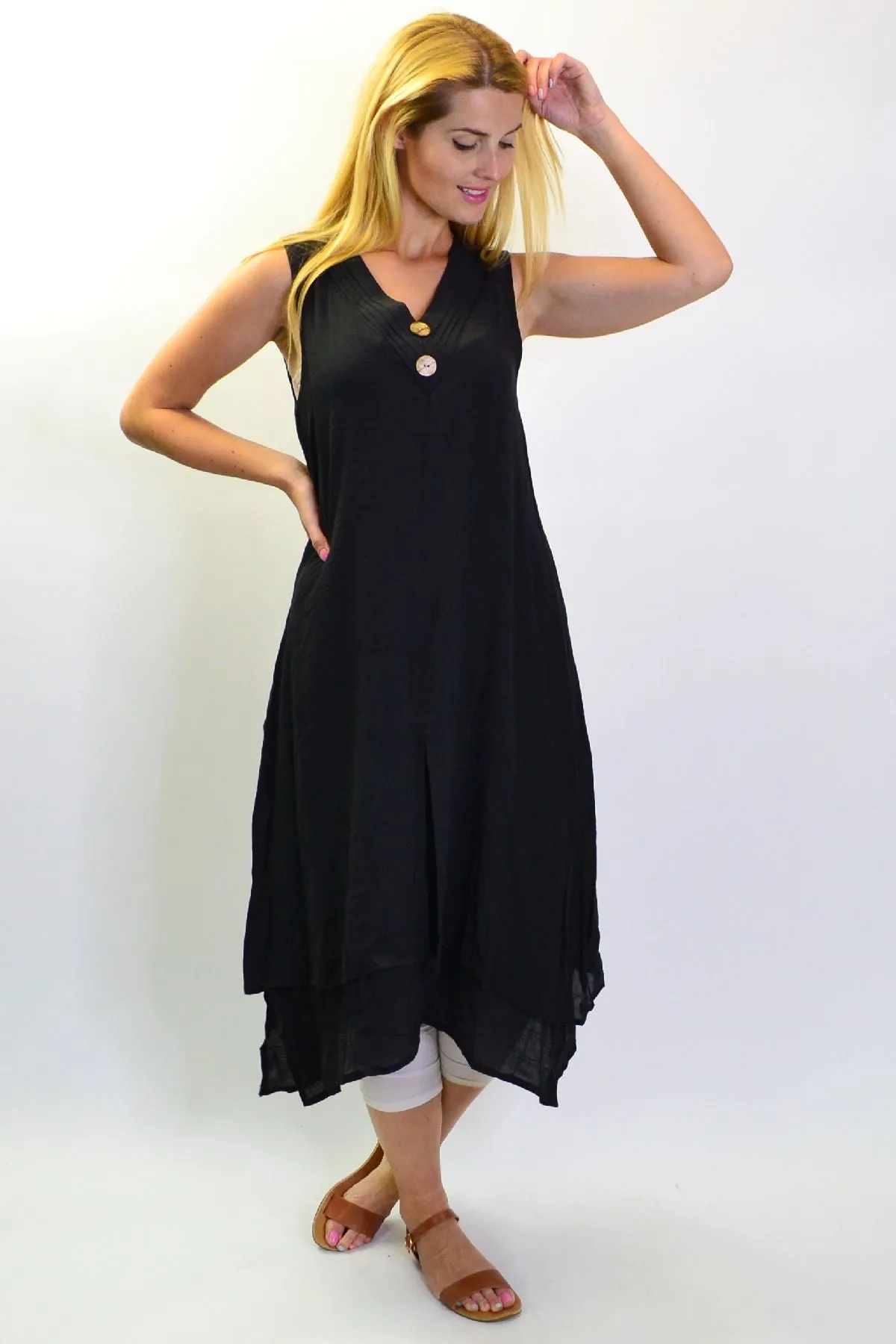 Black Sleeveless Coconut Button Tunic Dress