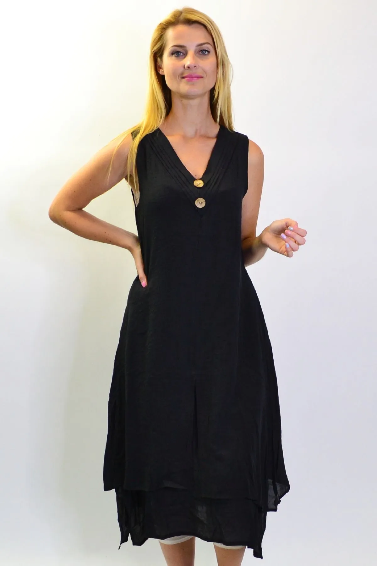 Black Sleeveless Coconut Button Tunic Dress