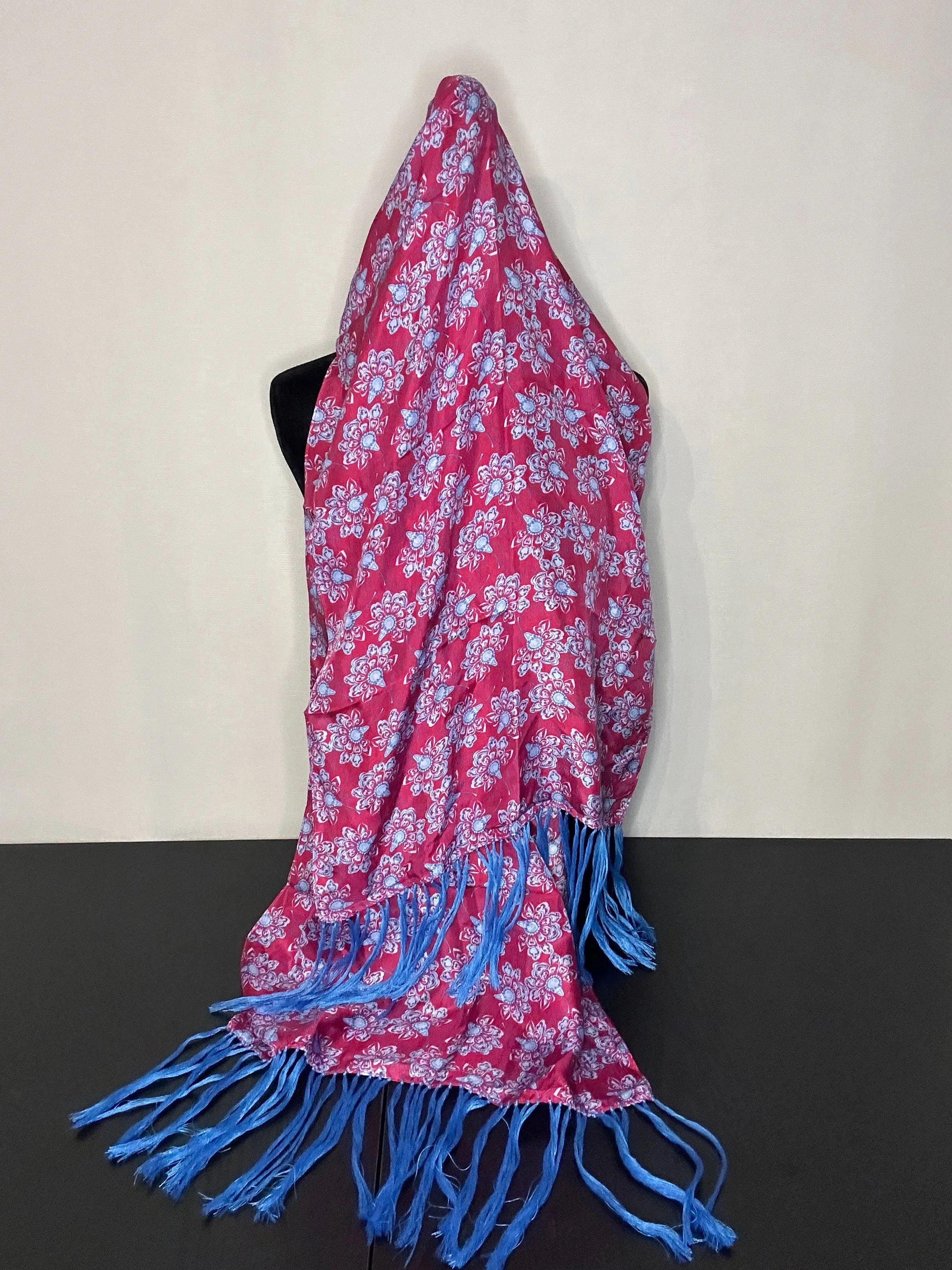 Blowing Flowers on Pink	Scarf , 15x58", Habu Silk, Hanknotted Fringe