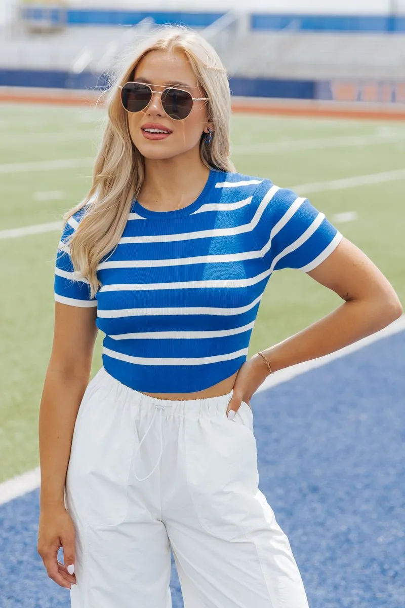 Blue and White Striped Cropped Sweater