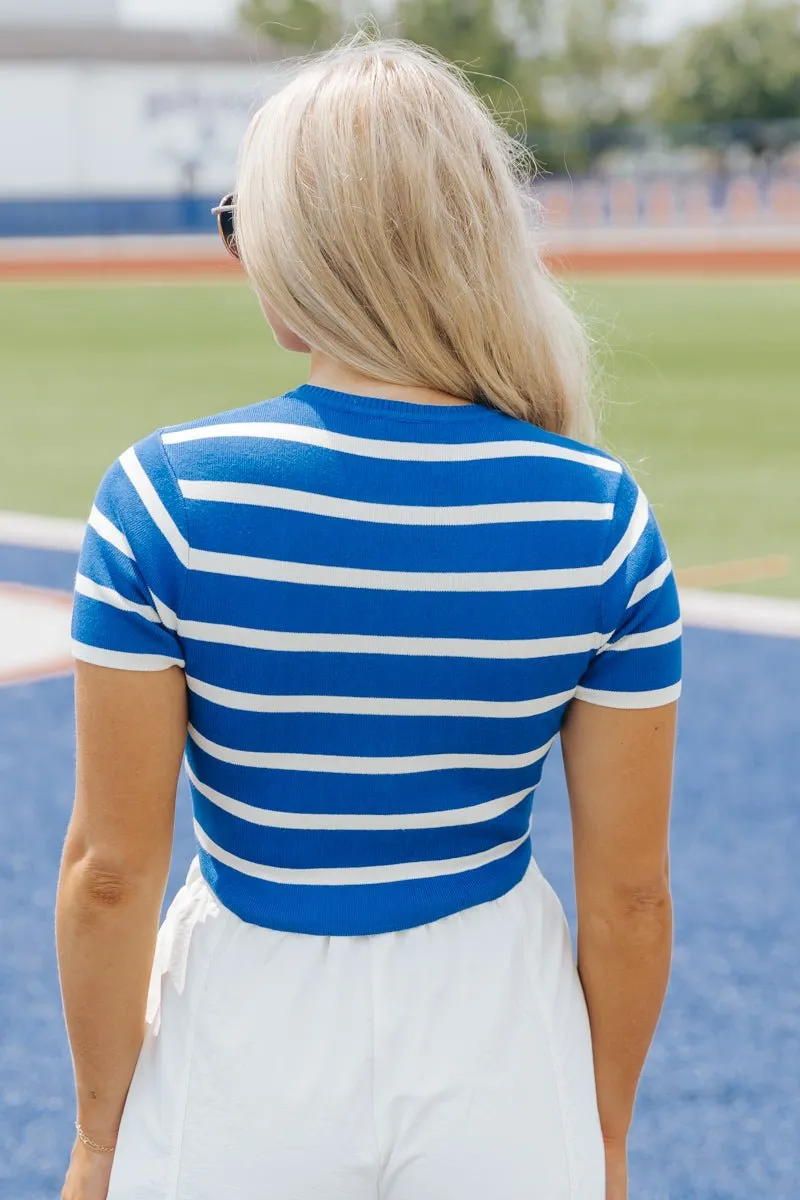 Blue and White Striped Cropped Sweater