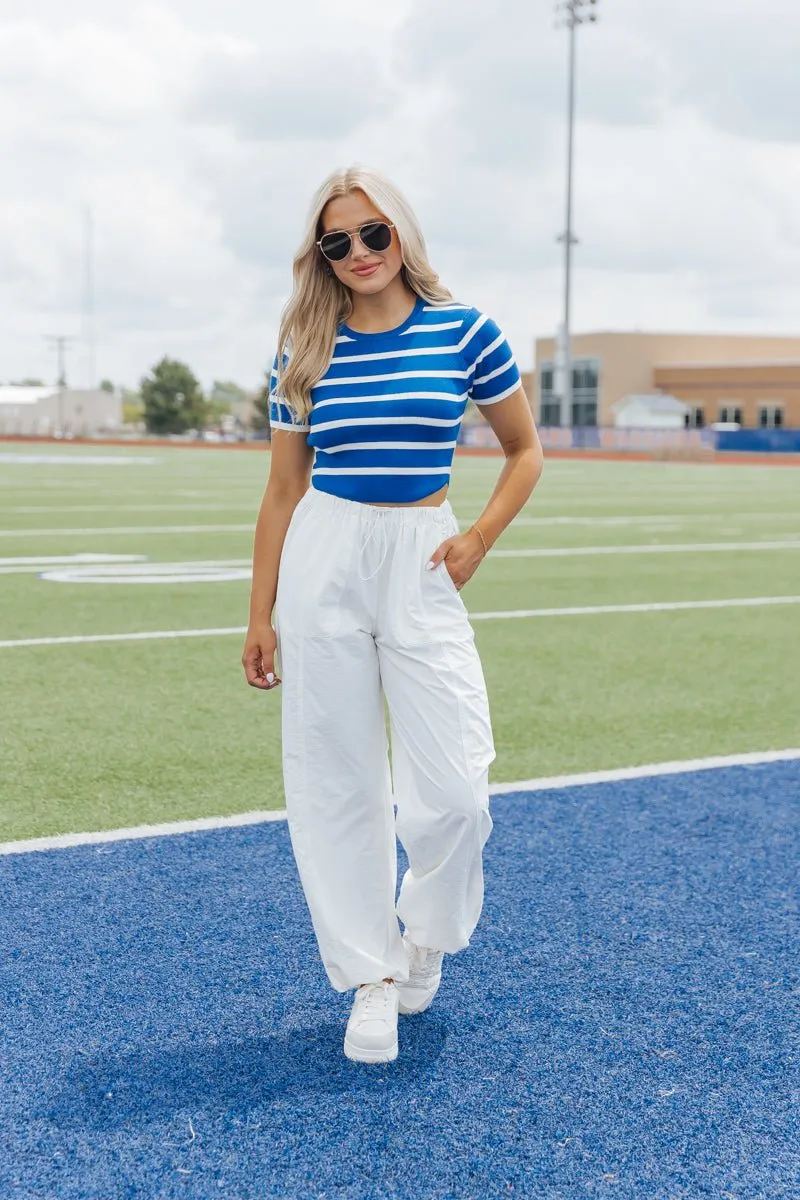 Blue and White Striped Cropped Sweater