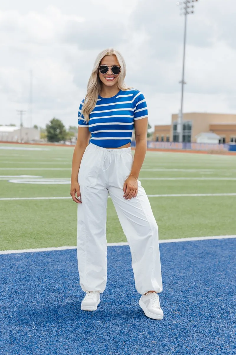 Blue and White Striped Cropped Sweater