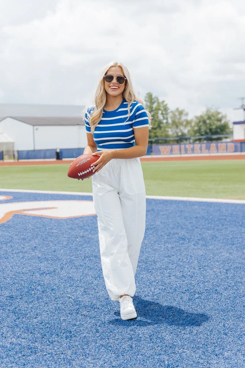 Blue and White Striped Cropped Sweater