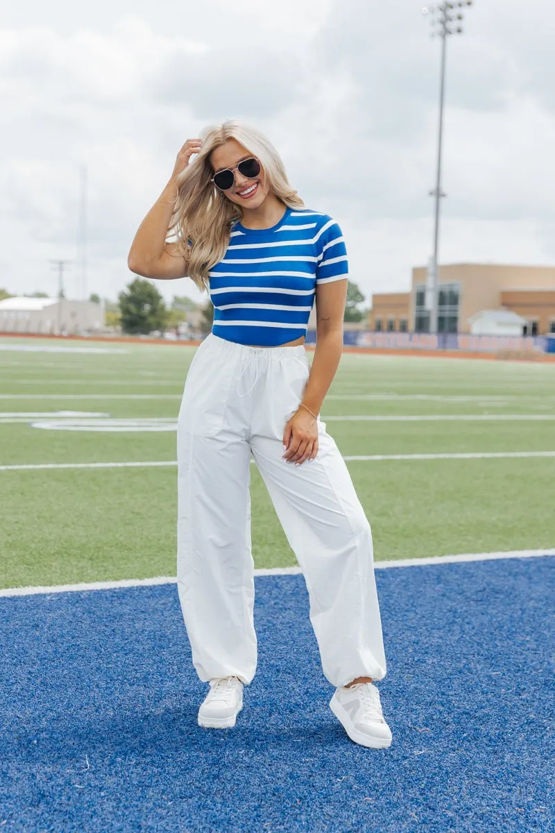 Blue and White Striped Cropped Sweater