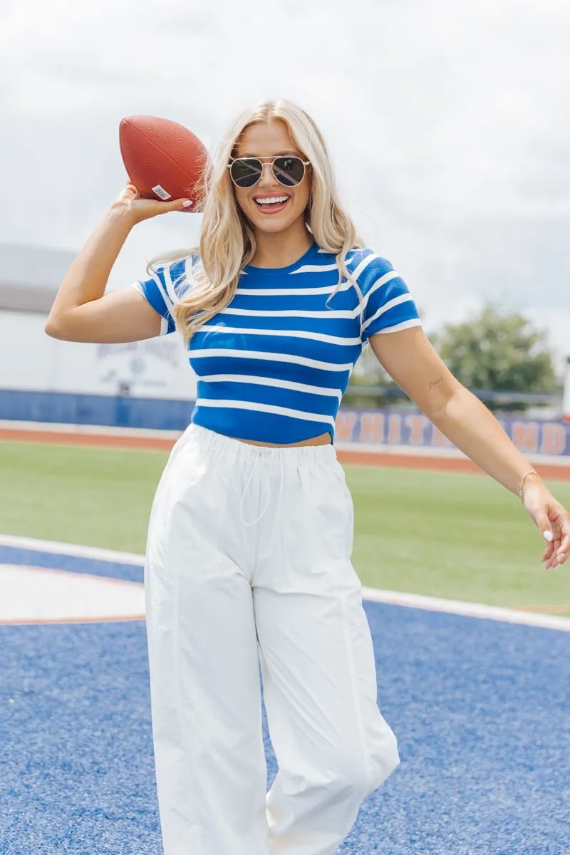 Blue and White Striped Cropped Sweater