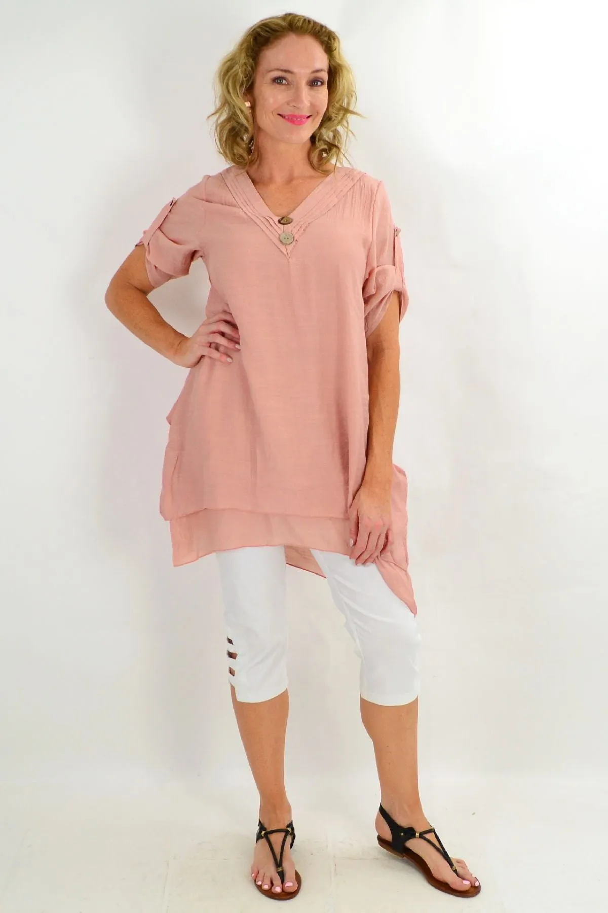 Blush Coconut Button Short Sleeve Tunic Top